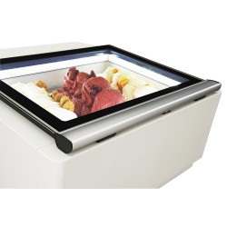 MODÈLE DE TABLE VITRINE À CREME GLACÉE BLANC S'OUVRE DU CÔTÉ FONCTIONNEMENT - 670x750x375 mm