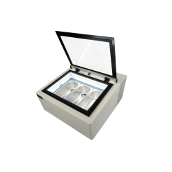 MODÈLE DE TABLE VITRINE À CREME GLACÉE BLANC S'OUVRE DU CÔTÉ CLIENT - 670x750x375 mm