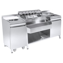 Station bar cocktail inox avec évier, lave-verres, 7 bacs GN 1/9, speedrail,porte-bouteilles, planche à découper et poubelle