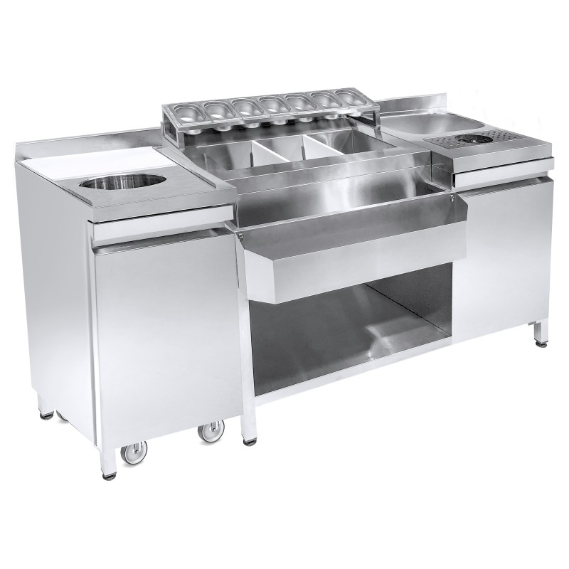 Station bar cocktail inox avec évier, lave-verres, 7 bacs GN 1/9, speedrail,porte-bouteilles, planche à découper et poubelle