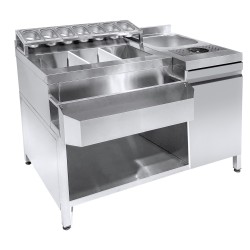 Station bar cocktail inox avec évier, lave-verres, 7 bacs GN 1/9, speedrail,porte-bouteilles