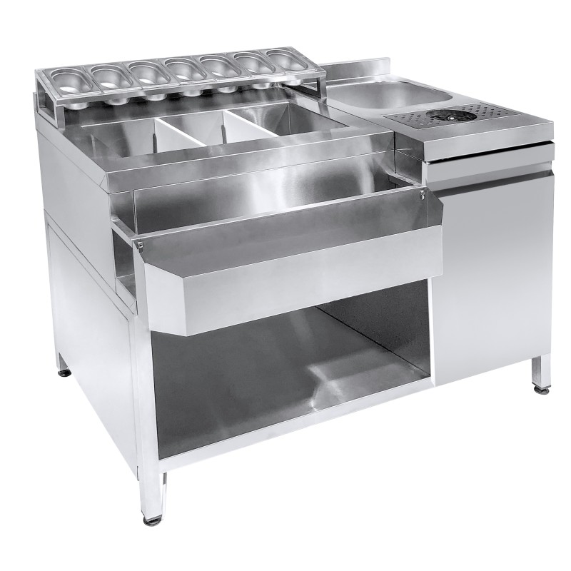 Station bar cocktail inox avec évier, lave-verres, 7 bacs GN 1/9, speedrail,porte-bouteilles