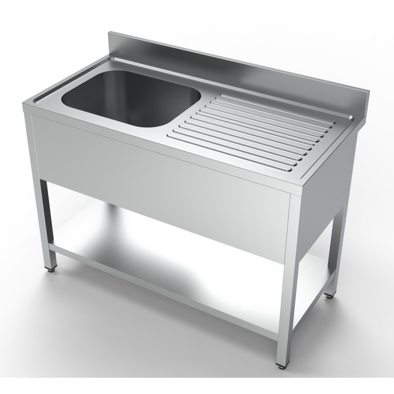 Plonge inox 1 bac avec dosseret avec étagère et égouttoir à droite - 1200 x 600 x 850 mm