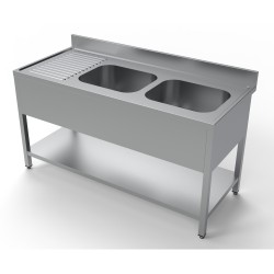 Plonge inox 2 bacs avec dosseret avec étagère et égouttoir à gauche- 1600 x 700 x 850 mm