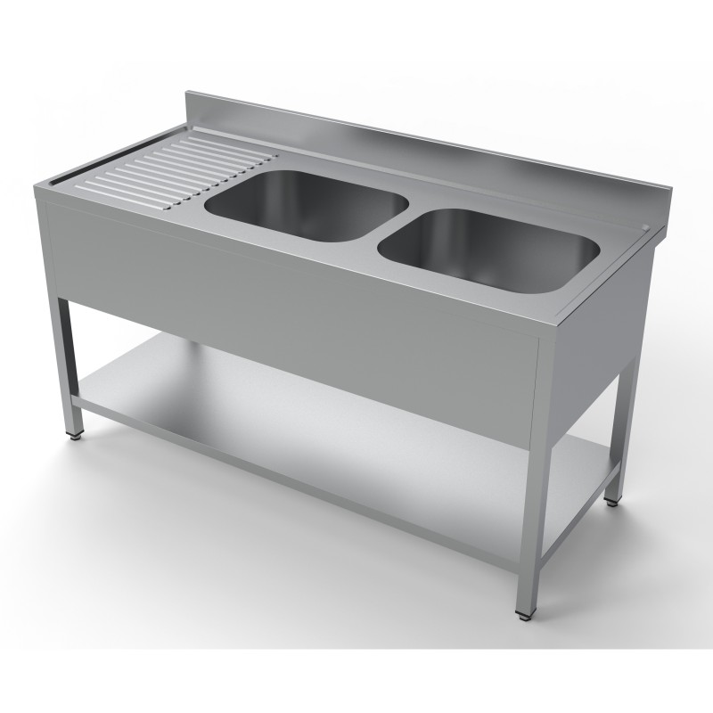 Plonge inox 2 bacs avec dosseret avec étagère et égouttoir à gauche- 1600 x 700 x 850 mm