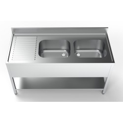 Plonge inox 2 bacs avec dosseret avec étagère et égouttoir à gauche- 1600 x 700 x 850 mm
