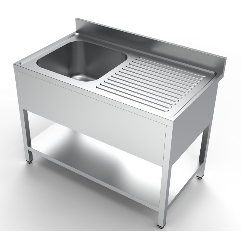 Plonge inox 1 bac à gauche avec dosseret et étagère - 1200 x 700 x 850 mm