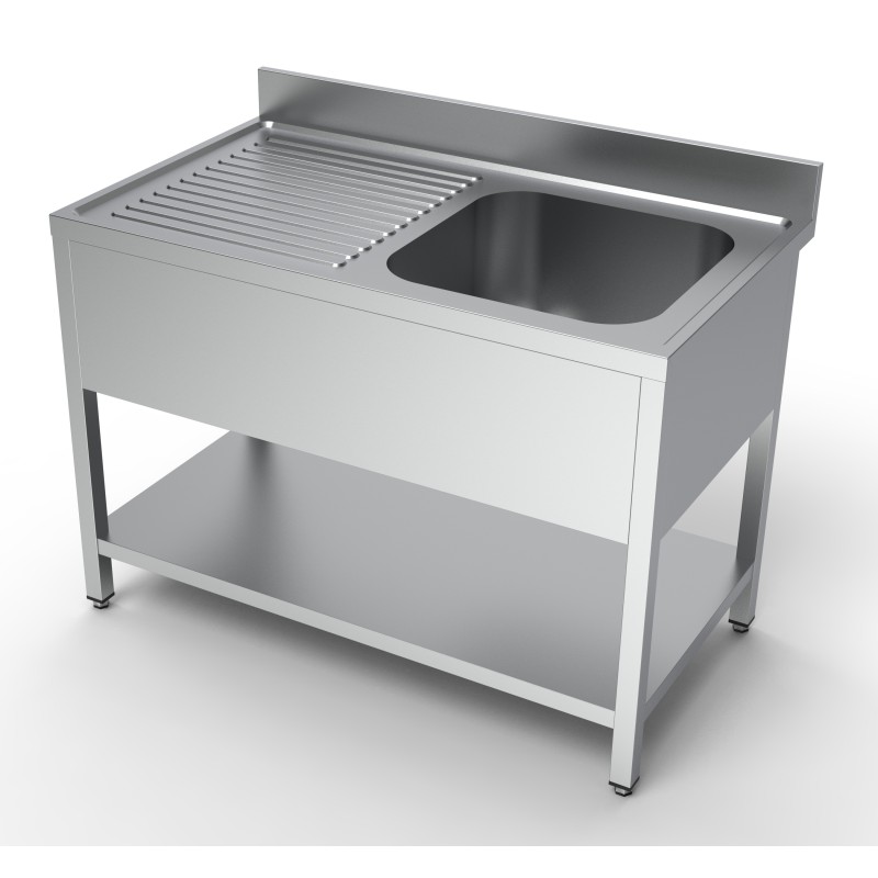 Plonge inox 1 bac à droite avec dosseret et étagère - 1200 x 700 x 850 mm