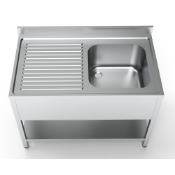 Plonge inox 1 bac à droite avec dosseret et étagère - 1200 x 700 x 850 mm