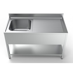 Plonge inox 1 bac à gauche avec dosseret et étagère - 1400 x 700 x 850 mm