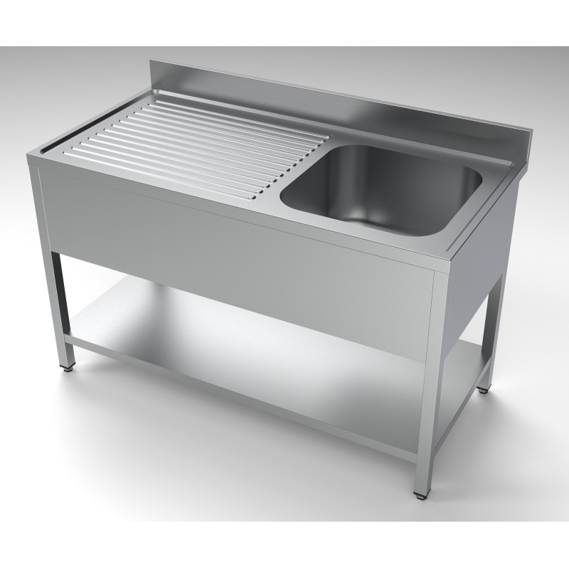 Plonge inox 1 bac à droite avec dosseret et étagère - 1400 x 700 x 850 mm