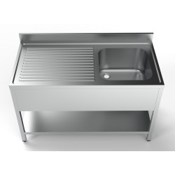 Plonge inox 1 bac à droite avec dosseret et étagère - 1400 x 700 x 850 mm