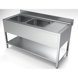Plonge inox 2 bacs avec dosseret avec étagère et égouttoir à droite- 1600 x 700 x 850 mm