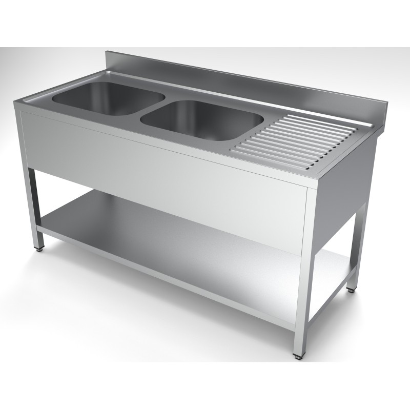 Plonge inox 2 bacs avec dosseret avec étagère et égouttoir à droite- 1600 x 700 x 850 mm