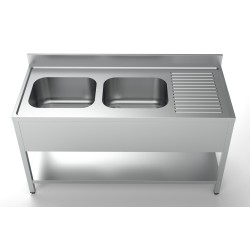 Plonge inox 2 bacs avec dosseret avec étagère et égouttoir à droite- 1600 x 700 x 850 mm