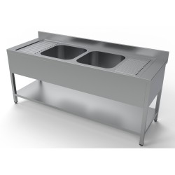 Plonge inox 2 bacs avec égouttoir à droite et à gauche et étagère inférieure - 2000 x 700 x 850 mm