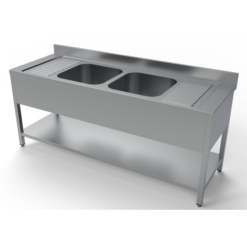 Plonge inox 2 bacs avec égouttoir à droite et à gauche et étagère inférieure - 2000 x 700 x 850 mm