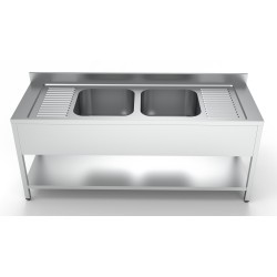 Plonge inox 2 bacs avec égouttoir à droite et à gauche et étagère inférieure - 2000 x 700 x 850 mm
