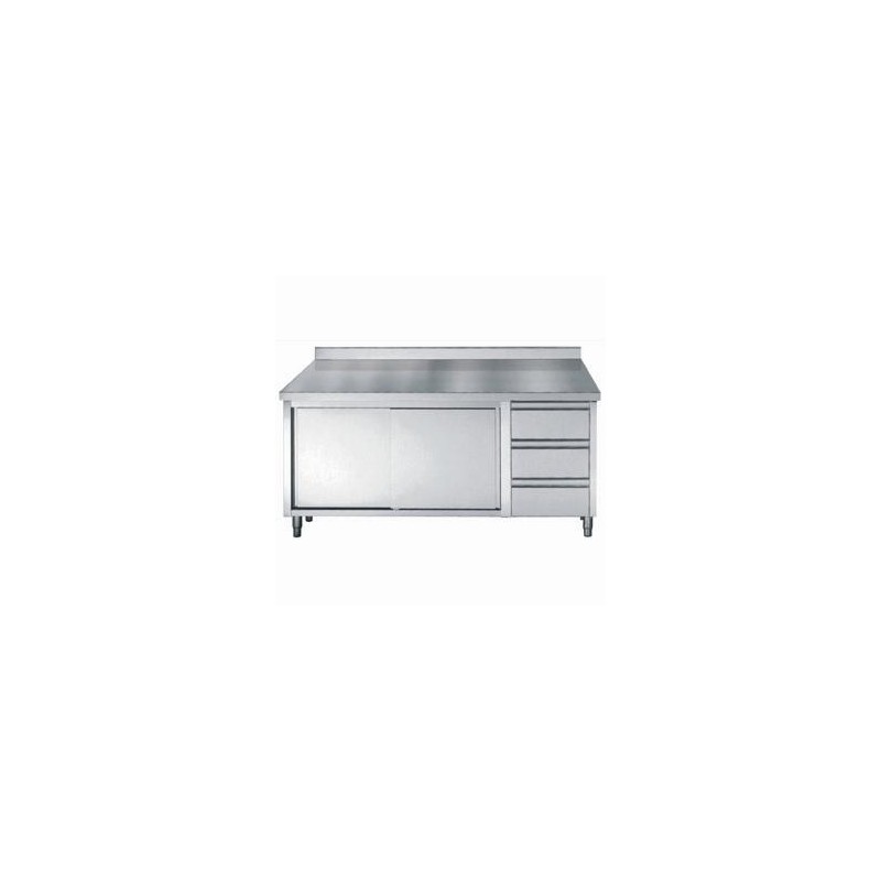 Table de travail avec dosseret,  portes coulissantes et 3 tiroirs - profondeur 700 hauteur 850/900 mm - COMBISTEEL