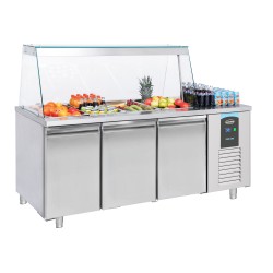 Saladette réfrigérée positive avec pare-haleine - vitrage bombé - 3 portes - 4 x GN 1/1