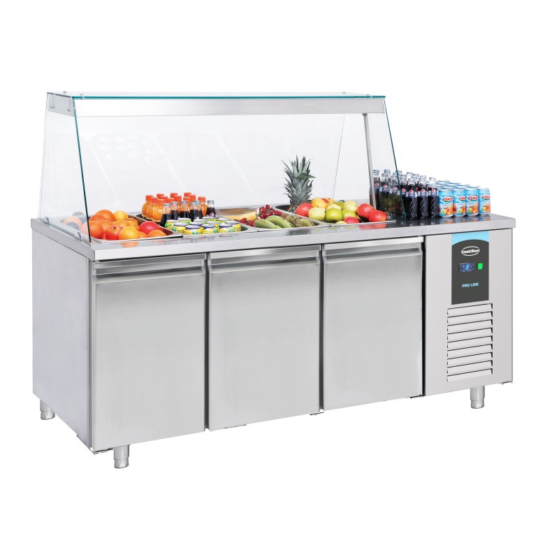 Saladette réfrigérée positive avec pare-haleine - vitrage bombé - 3 portes - 4 x GN 1/1