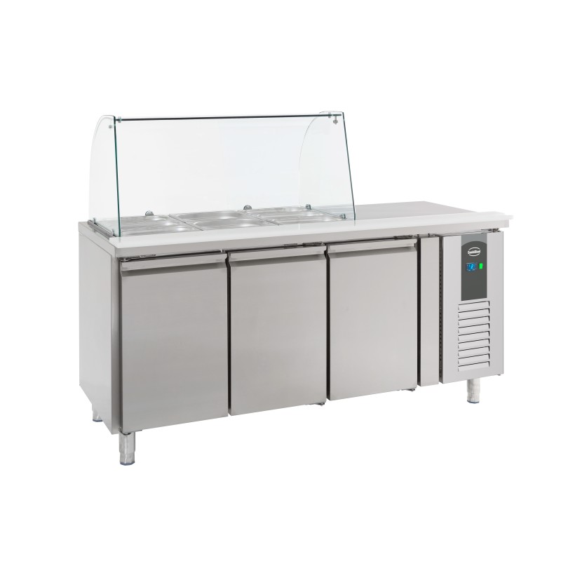 Saladette réfrigérée positive avec pare-haleine - vitrage bombé - 3 portes - 3 x GN 1/1
