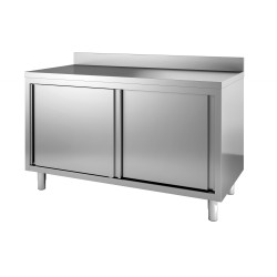 Meuble bas inox professionnel avec portes coulissantes bord relevé longueur 1200 mm