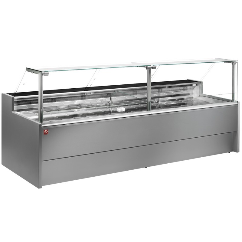 Comptoir vitrine réfrigérée boucherie ventilée vitre droite avec réserve 2500 mm