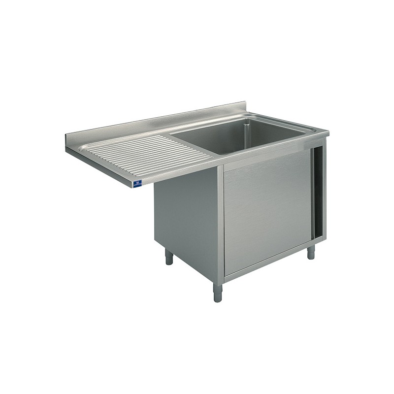 Plonge sur armoire inox 1 porte battante 1 bac à droite avec place lave-vaisselle 1400 x 700 x 850 mm