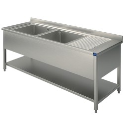 Plonge inox 2 bacs avec égouttoir à droite et étagère 1800x700 mm