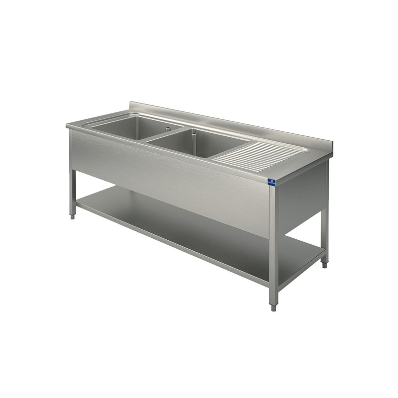 Plonge inox 2 bacs avec égouttoir à droite et étagère 1800x700 mm