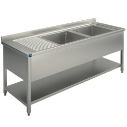 Plonge inox 2 bacs avec égouttoir à gauche et étagère 2000x700 mm