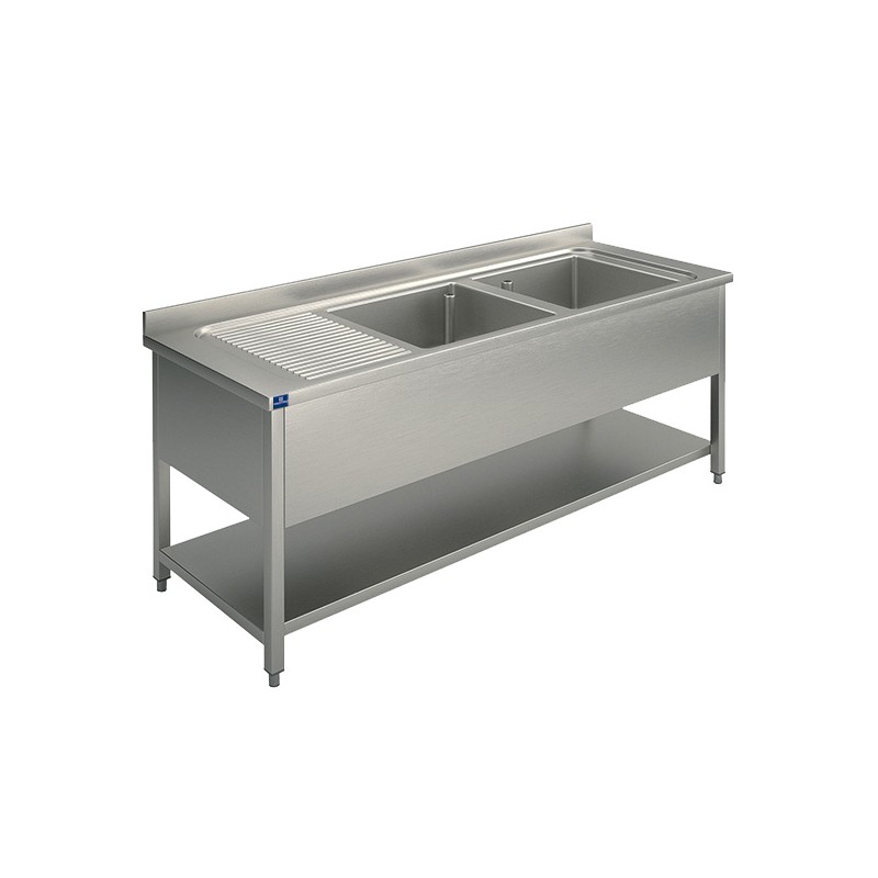 Plonge inox 2 bacs avec égouttoir à gauche et étagère 2000x700 mm