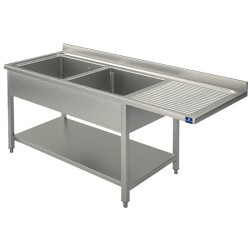 Plonge inox sur piètement avec étagère inférieure 2 bacs à gauche 1800x700 mm
