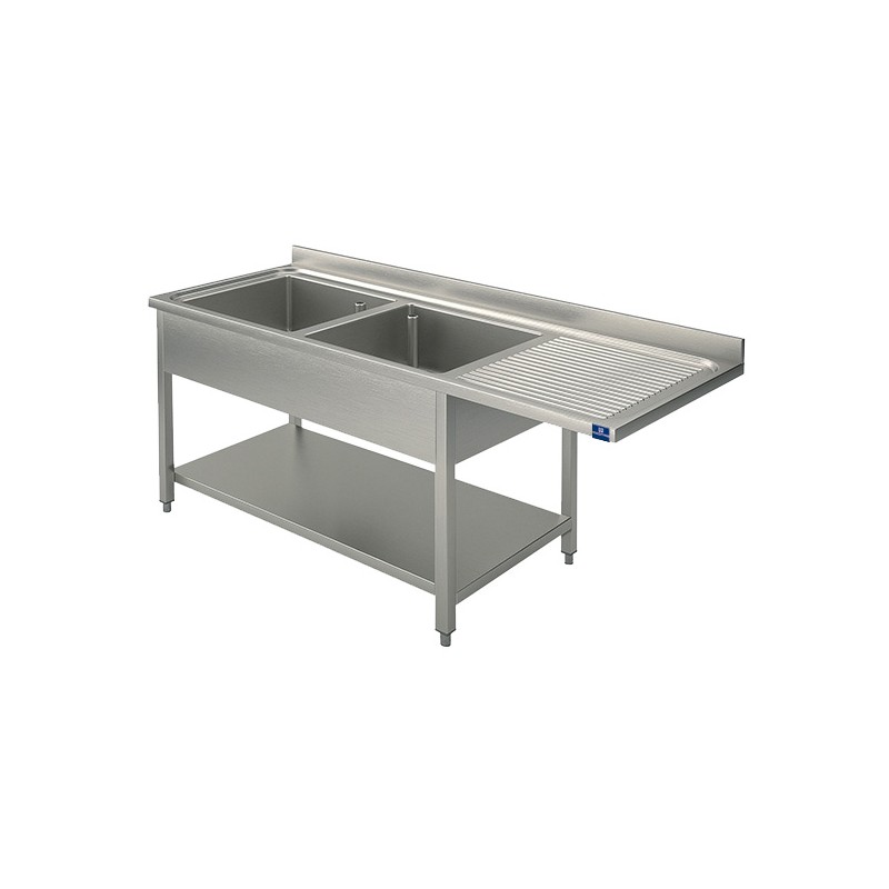 Plonge inox sur piètement avec étagère inférieure 2 bacs à gauche 1800x700 mm