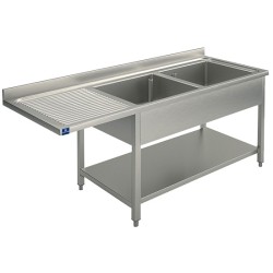 Plonge inox sur piètement avec étagère inférieure 2 bacs à droite 1800x700 mm