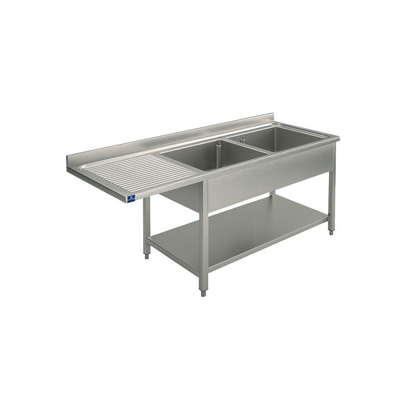 Plonge inox sur piètement avec étagère inférieure 2 bacs à droite 1800x700 mm