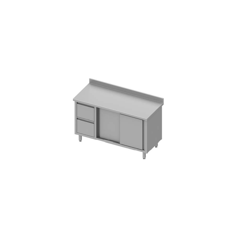 table de travail adossée avec deux tiroirs à gauche, portes coulissantes 1900x700x900 mm