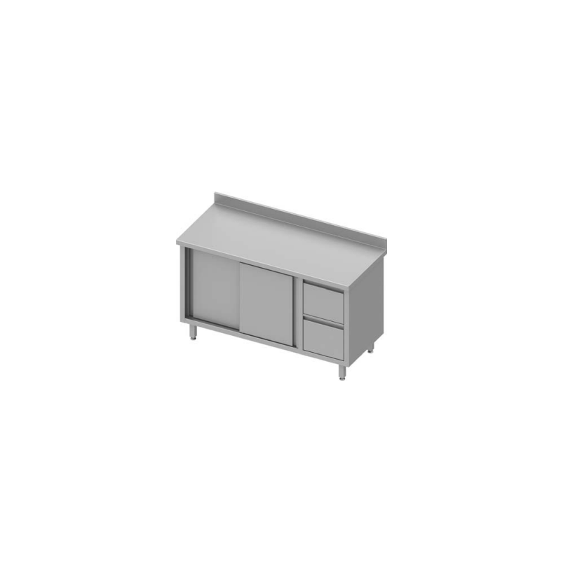 table de travail adossée avec deux tiroirs à droite, portes coulissantes 1400x800x900 mm