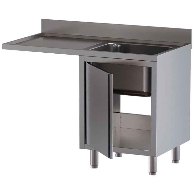 Plonge inox sur armoire, AISI 304, 1 cuve, égouttoir à gauche, 1400 x 700 x 850 mm Diamond L1411/VAD-SS3