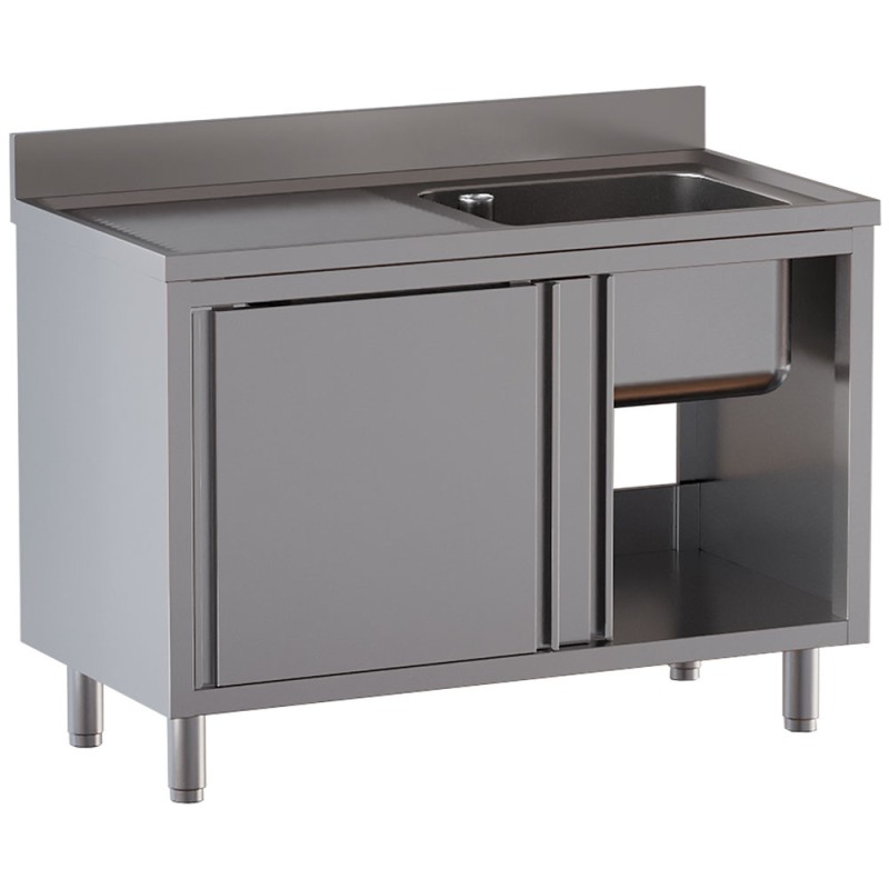 Plonge inox sur armoire, AISI 304, 1 cuve, égouttoir à gauche, 1400 x 700 x 850 mm Diamond L1411/AD-SS6