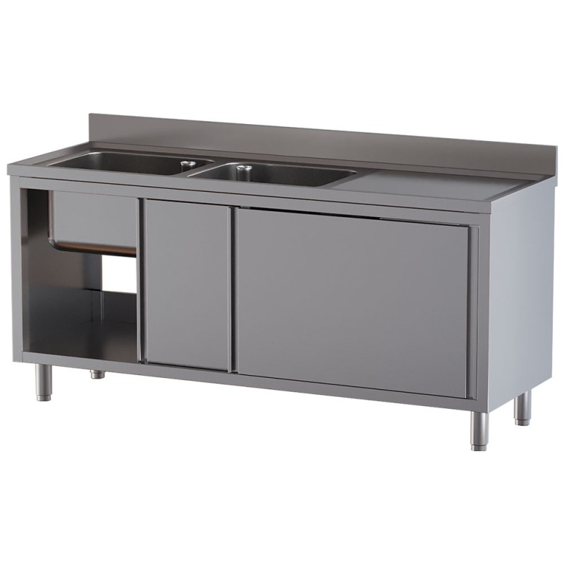 Plonge inox sur armoire, AISI 304, 2 cuves, égouttoir à droite, 1800 x 700 x 850 mm Diamond L1821/AD-SD8