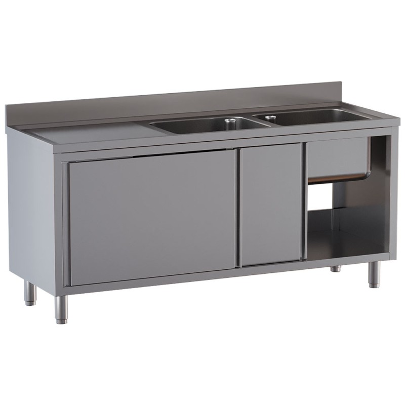 Plonge inox sur armoire, AISI 304, 2 cuves, égouttoir à gauche, 1800 x 700 x 850 mm Diamond L1821/AD-SS8