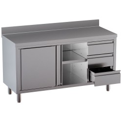 Table armoire inox, AISI 304, avec dosseret, 2 portes, 3 tiroirs Diamond TA207CDD-SA3