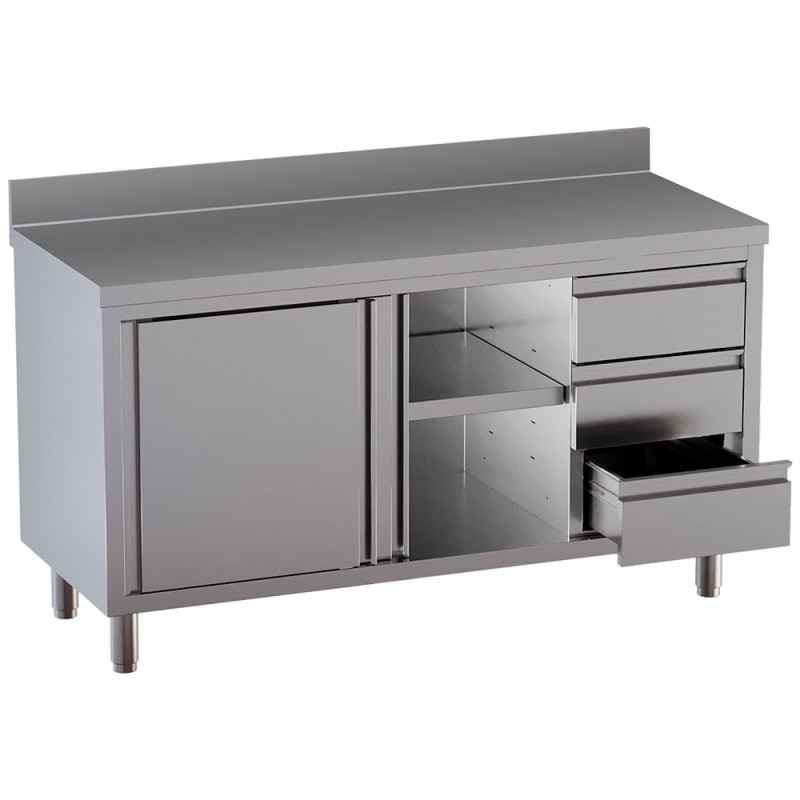 Table armoire inox, AISI 304, avec dosseret, 2 portes, 3 tiroirs Diamond TA207CDD-SA3