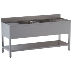 Plonge inox, AISI 304, 2 cuves, 2400 x 700 x 850 mm Diamond L2421/D-SX9