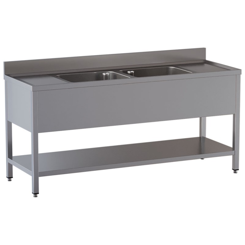 Plonge inox, AISI 304, 2 cuves, 2400 x 700 x 850 mm Diamond L2421/D-SX9