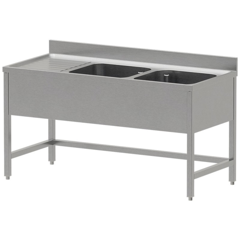 Plonge inox, AISI 304, 2 cuves, égouttoir à gauche, 1600 x 700 x 850/880 mm Diverso WR-C2E1-DS6