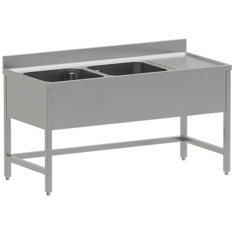 Plonge inox, AISI 304, 2 cuves, égouttoir à droite, 1600 x 700 x 850/880 mm Diverso WR-E1C2-DD6