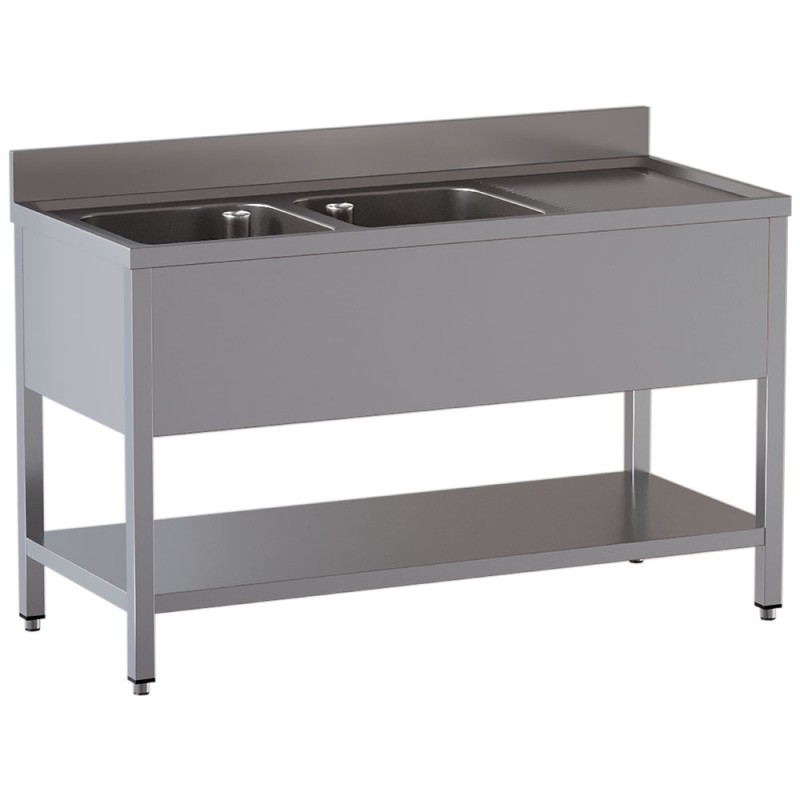 Plonge inox, AISI 304, 2 cuves, égouttoir à droite, 1400 x 700 x 850 mm Diamond L1421/D-SD4